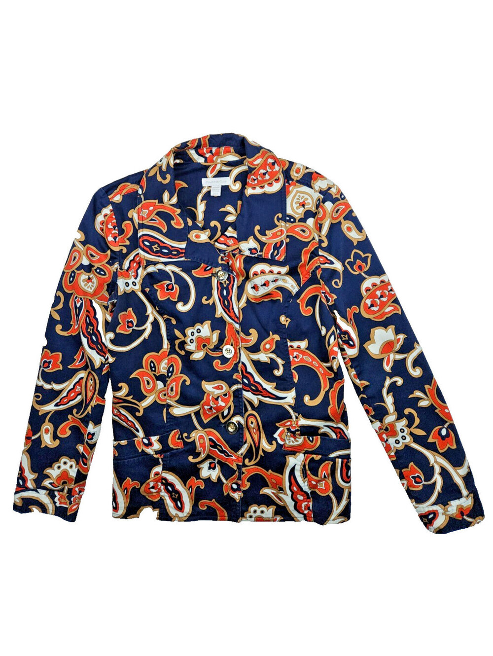 CHARTER CLUB Navy blue jacket orange & white paisley print women's size M